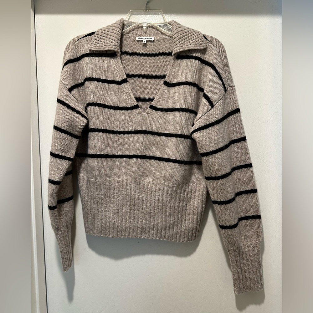 Reformation Beige with Black Stripe Collared V-Neck Sweater